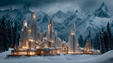 Fantasy Winter Cityscape with Illuminated Buildings in Snowy Mountain Landscape at Dusk, Majestic Ice Kingdom Architecture