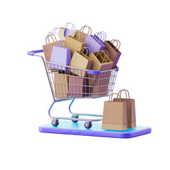 A full shopping cart overflowing with colorful paper bags sits on a smartphone screen isolated on transparent background