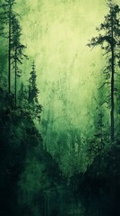 Naklejka premium Exploring Misty Forest with Tall Trees in Green Tones
