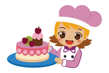 Joyful Confectioner: A cheerful baker proudly presents a beautifully decorated cake, embodying the art of confectionery with a smile