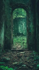 Obraz premium Mysterious Archway Leading to Lush Green Foliage in Abandoned Building