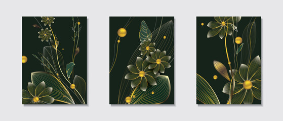Plant pattern with leaves, flowers and wavy leaves in green and gold colors on a black background - paintings set. Luxury modern artistic wallpaper. Vector illustration for wall design, card, cover.
