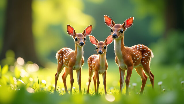 three small deer stand together soft blurred backdrop lush greenery bathed warm natural daylight gentle forest light