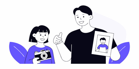 Cheerful father and daughter showcasing a framed portrait, a delightful visual for family oriented design and creative lifestyle content.