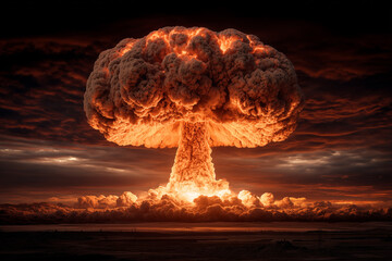 Dramatic mushroom cloud billowing upward against a dark sky, illustrating the immense power of an explosion in a striking and intense scene