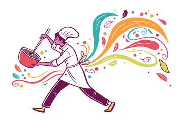 Culinary Creation: A chef, fully immersed in their craft, stirs a bowl of delicious food. Intricate lines capture the essence of culinary arts with a touch of vivid color.