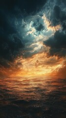 Dramatic Ocean at Sunset with Stormy Sky and Golden Light