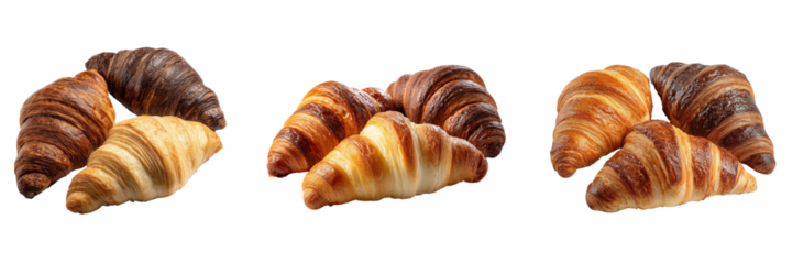 Set of three croissants with different shades and crisp edges on a transparent background