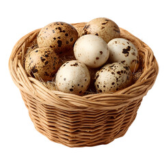 Obraz premium Rustic Basket of Eggs: A charming basket overflows with a collection of speckled eggs, nestled on a bed of straw. This evocative image showcases nature's simple beauty and the promise of new life.