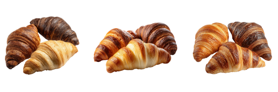 Set of three croissants with different shades and crisp edges on a transparent background