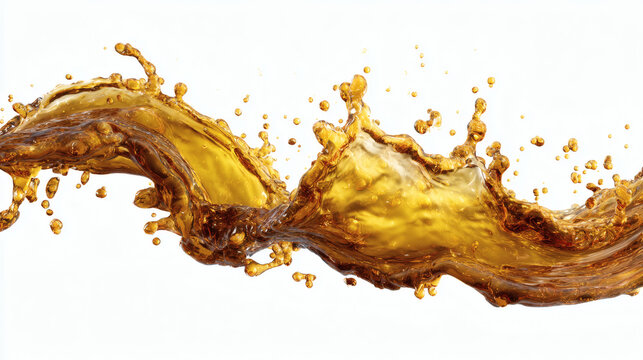 Golden liquid splash in motion, creating an abstract art form against a white background. - Powered by Adobe