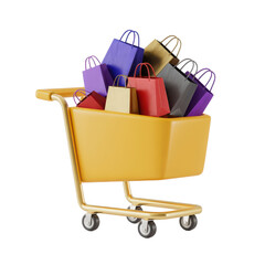A bright yellow shopping cart overflowing with colorful shopping bags isolated on transparent background