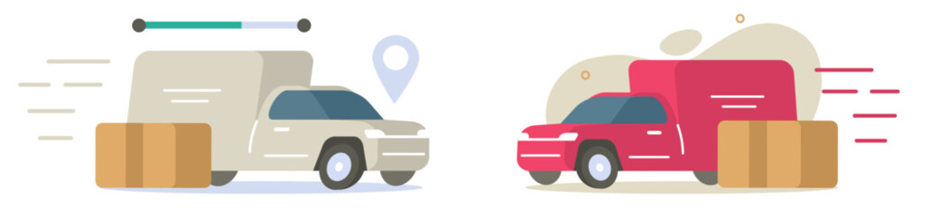 Fast order deliver car flat cartoon vector, quick express delivery shipping auto vehicle isolated, parcel cargo freight courier pick up illustration set, commercial small mini van automobile image 