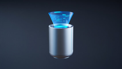 Futuristic cylindrical device projecting a glowing blue holographic interface with digital data and charts against a dark background