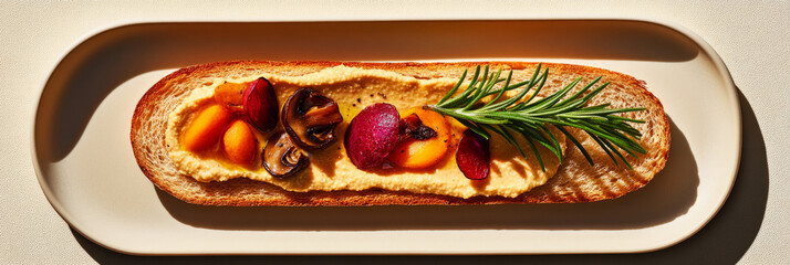 A long slice of artisan bread topped with a smooth chickpea spread, colorful roasted vegetables, and fresh herbs adds a touch of creativity to your culinary experience, banner