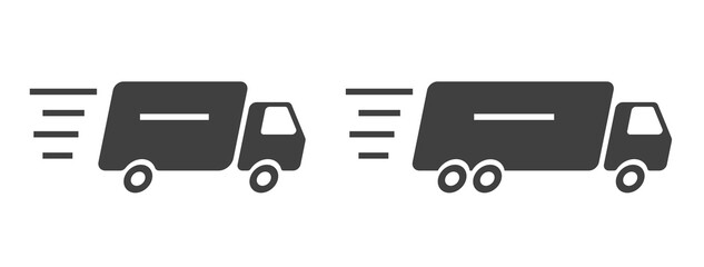 Fast quick delivery truck lorry icon simple solid modern graphic vector illustration set, minimal shipping car van commercial transportation automobile shape silhouette pictogram sign symbol
