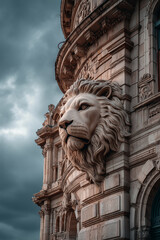 Lion sculpture prominently displayed on building exterior, featuring detailed craftsmanship and dramatic shadows, creating a striking visual impact against clouds