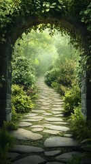 Obraz premium Walking Stone Path Through Lush Green Garden Archway