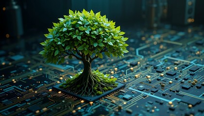 picture of a ree with leaves emerging from a circuit board that demonstrates the idea of technology