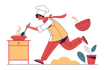 Culinary Rush: A chef racing to finish a dish, depicted in a flat design, capturing the energy of cooking.