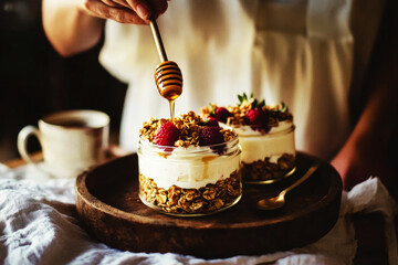 Bright, colorful jars contain layers of creamy yogurt, crunchy granola, and fresh raspberries and blueberries. Honey is being drizzled on top for added sweetness, all set on a rustic wooden table