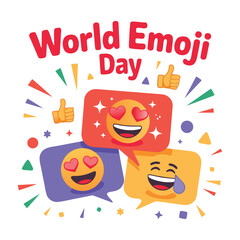 Fun World Emoji Day Graphic with Thumbs Up Icons.