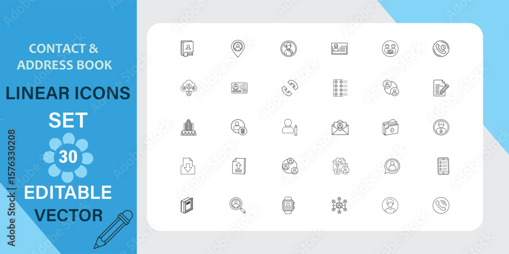 Poster contact and address book linear icons set editable vector
