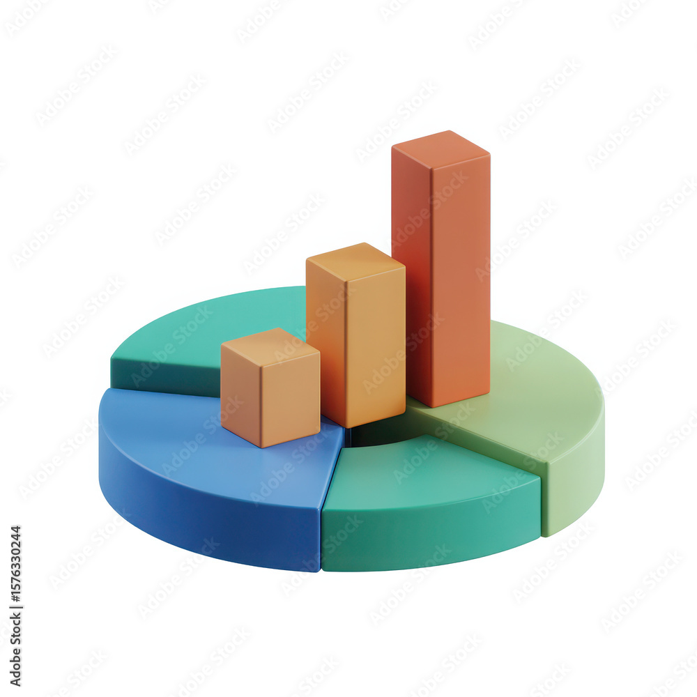 Poster stylized 3d bar chart and pie chart combination representing growth and data analysis isolated on tr