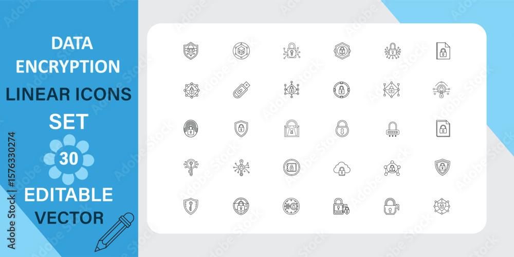 Poster thirty editable vector linear icons depicting data encryption, security, and protection symbols.