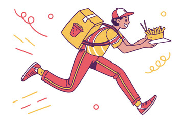 Swift Meal Delivery: An illustrated courier dashes forward, efficiently transporting a fresh order of fast food and a delivery bag