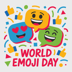 Fun World Emoji Day Graphic with Thumbs Up Icons.
