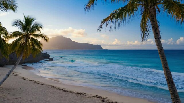 Peaceful Tropical Beach at Sunset with Palm Trees and Ocean Waves &ndash; Relaxing 4K Landscape

