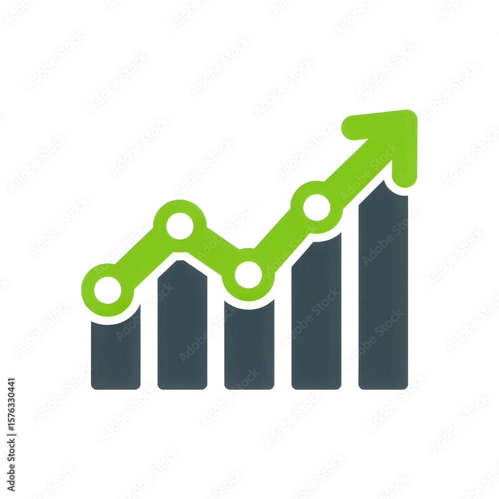 Poster green upward trending line graph with data points above dark grey bar chart isolated on transparent 