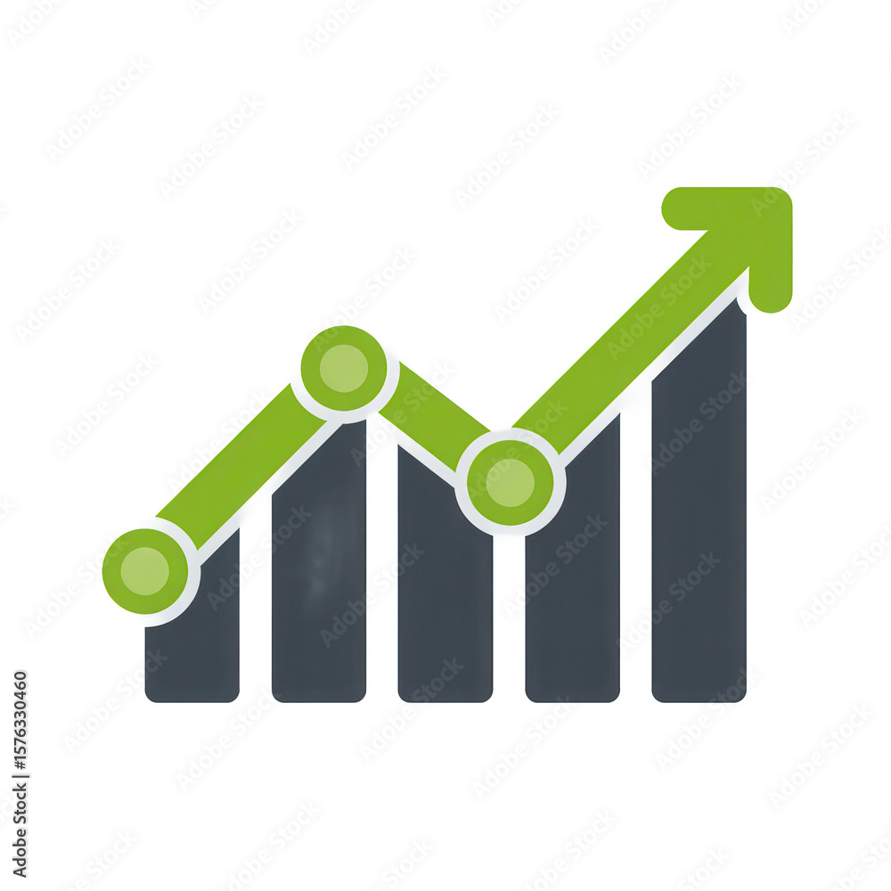 Poster green upward trending line graph with data points over dark gray bars isolated on transparent backgr