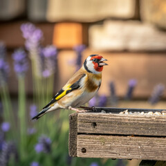Goldfinch perched on wooden bird feeder with lavender background