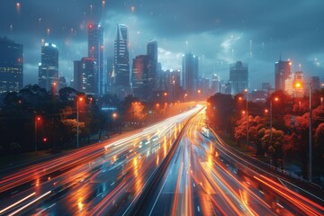Fototapeta premium City skyline featuring rain, glowing lights, and busy traffic during twilight in a vibrant urban setting