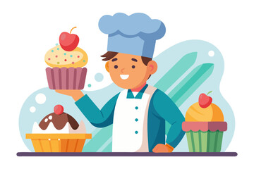 The Art of Baking: A culinary artist proudly presents a delicious cupcake, showcasing the joy and creativity of baking. Capturing the warmth and pleasure of crafting treats.