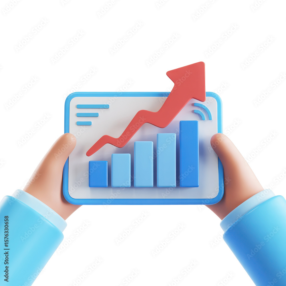 Poster 3d cartoon hands holding a tablet displaying a positive growth bar chart with a red upward trend arr