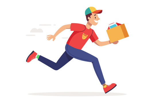 Prompt Delivery: A vibrant illustration captures a cheerful delivery person sprinting forward, box in hand, embodying speed and efficiency.