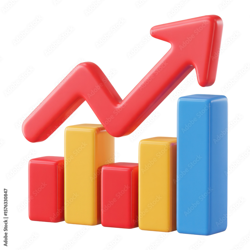 Poster 3d red arrow graph showing upward trend with colorful bars isolated on transparent background