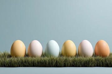 Stylized Easter scene featuring pastel-colored eggs arranged on realistic green grass with a soft blue background. Minimal composition perfect for seasonal banners, spring-themed promotions, greeting 
