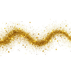 A dynamic, wave-like formation of shimmering golden glitter particles and glowing yellow stars isolated on a pristine transparent background, captured with a top-down studio shot, concept of magical
