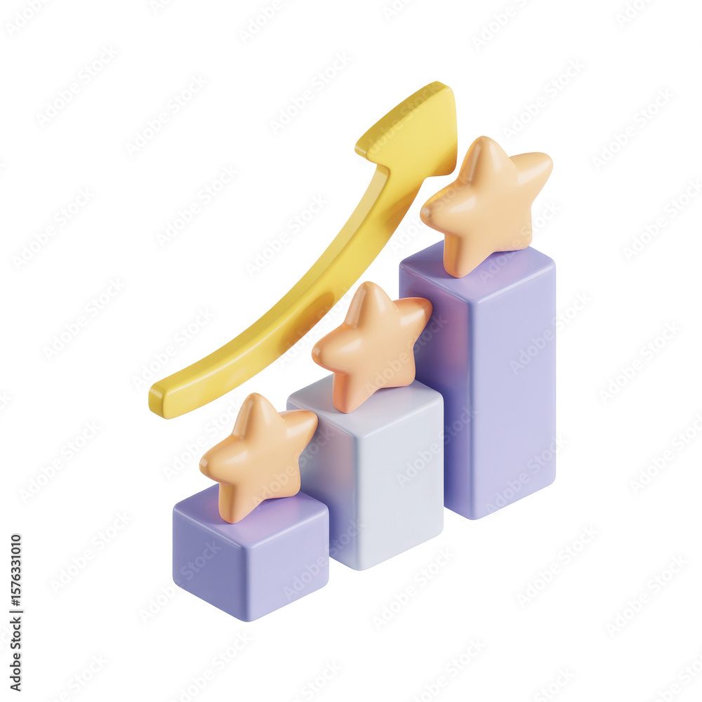 Poster 3d isometric bar chart with upward arrow and stars representing growth and success isolated on trans