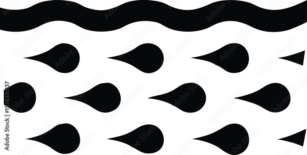 Poster abstract black and white teardrop pattern with wavy line top border seamless design vector