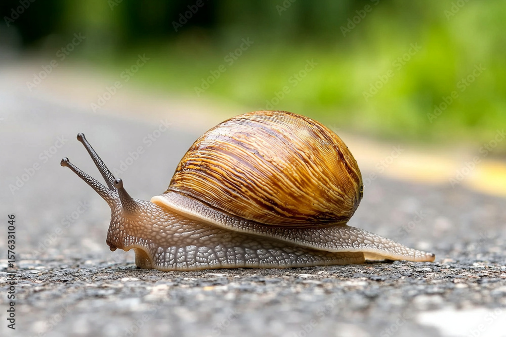 Poster textured snail shell on a pathway in a serene setting