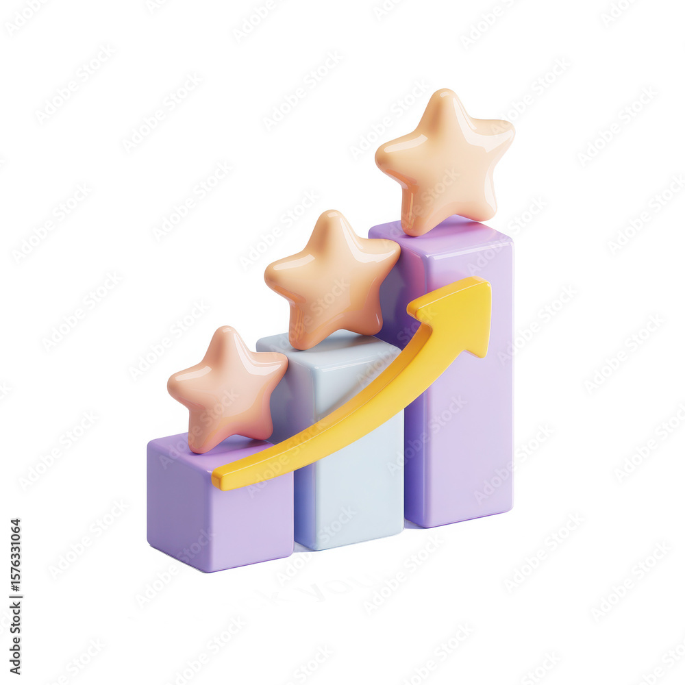 Poster 3d rendered growth chart with stars and an upward arrow symbolizing success and achievement isolated