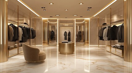 Luxury fashion boutique interior with gold accents, designer clothing on racks, elegant lighting, marble floors, and velvet chairs perfect for premium retail and high-end shopping visuals 