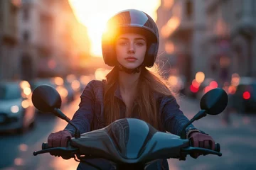 Canvas schilderij Scooter Young woman riding a scooter at sunset in a city, wearing a helmet.  © stockphoto02