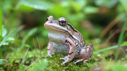 Obraz premium Close-up of a frog resting on mossy ground.
