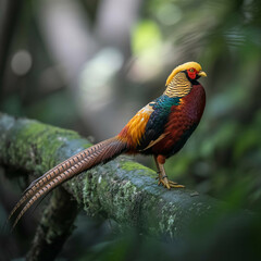 Golden Pheasant perched on mossy branch in forest bird